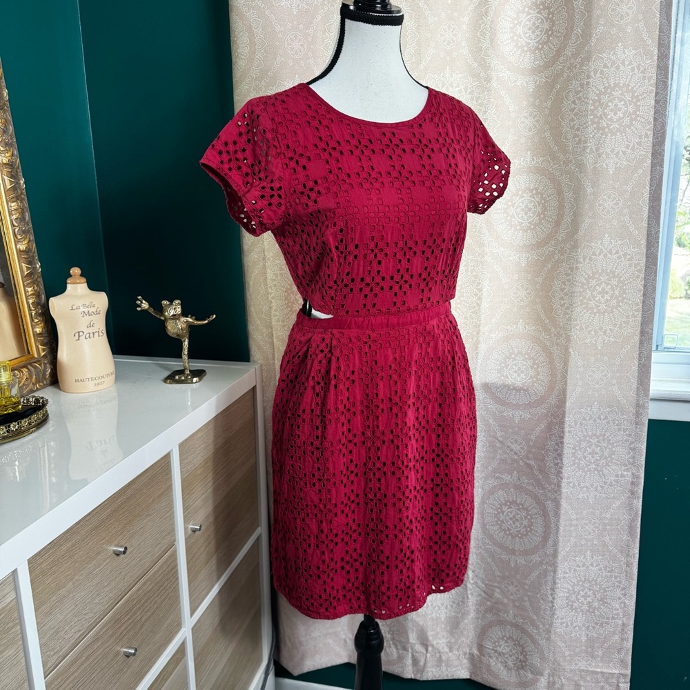 Madewell Burgundy Red Floral Eyelet Lace Mini Cotton Dress Short Sleeve Size 4